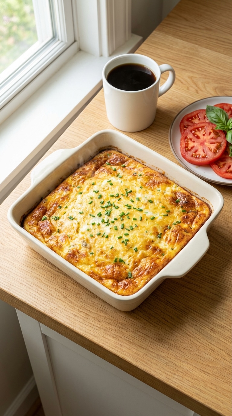 A ceramic baking dish filled with fluffy baked eggs and golden cheese crust, garnished with fresh chives, next to a cup of coffee.