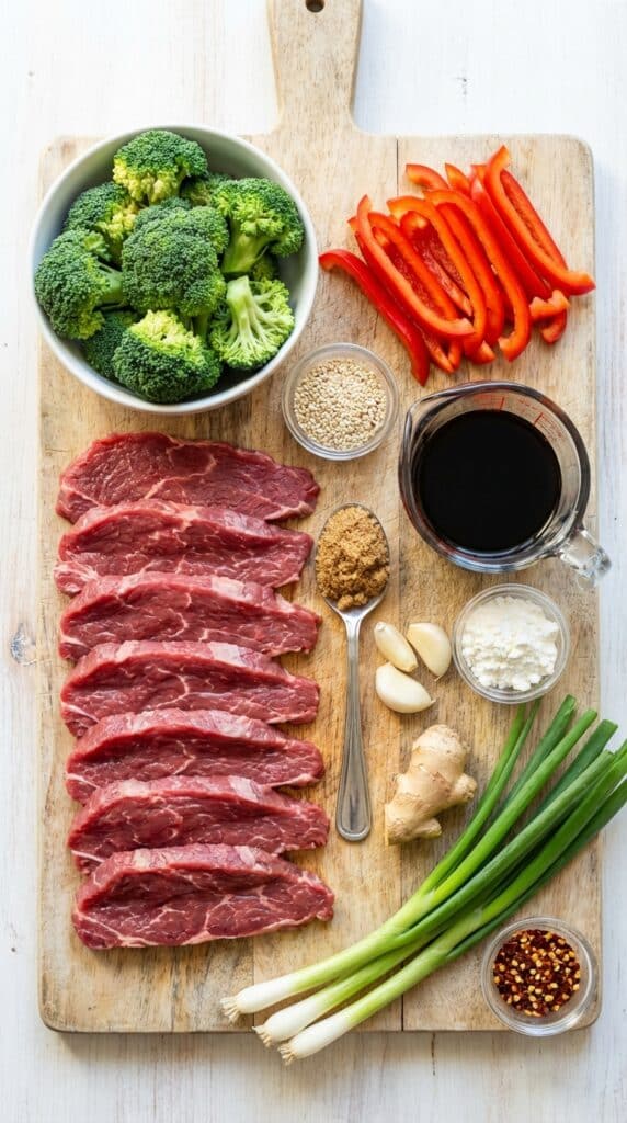 A flat lay showing raw sliced beef, broccoli, red peppers, soy sauce, garlic, ginger, and fresh green onions on a wooden board.