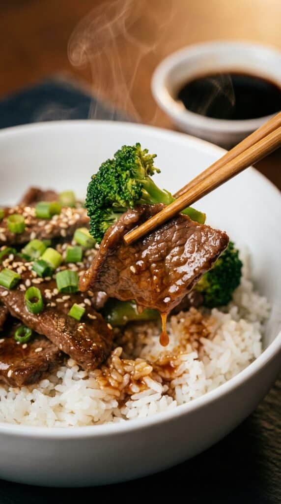 A close-up of wooden chopsticks lifting a piece of glossy beef and broccoli over a bowl of white rice, garnished with fresh green onions.