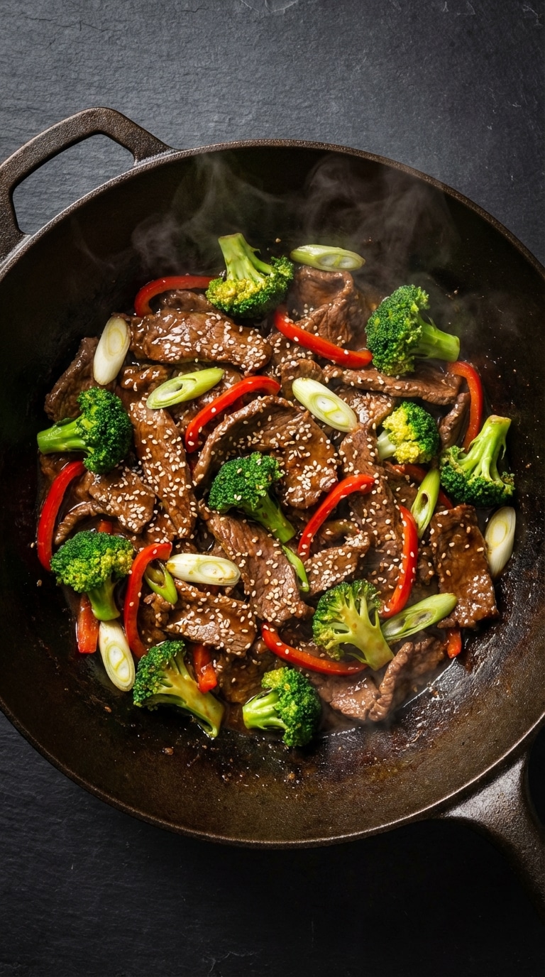 A top-down view of a cast iron wok filled with glossy beef stir fry, broccoli, and red peppers, topped with fresh green onions and sesame seeds.