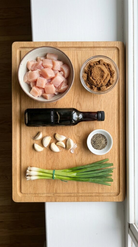 A flat lay showing diced raw chicken, brown sugar, soy sauce, garlic cloves, and green onions on a wooden board.