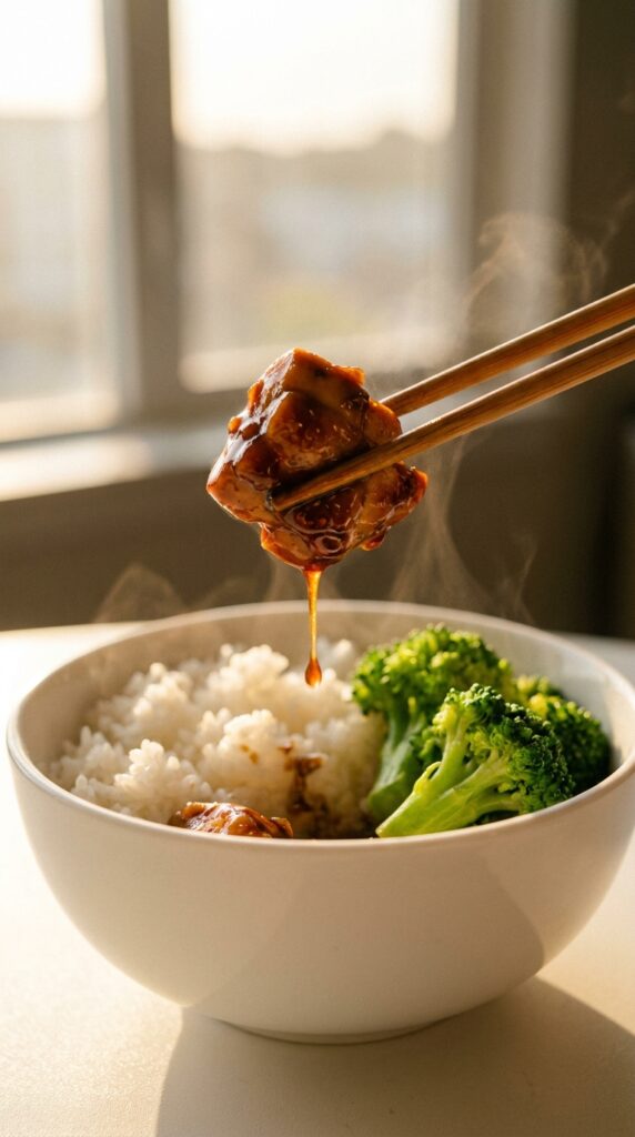 A close-up of chopsticks lifting a piece of sticky glazed chicken over a bowl of white rice and broccoli.
