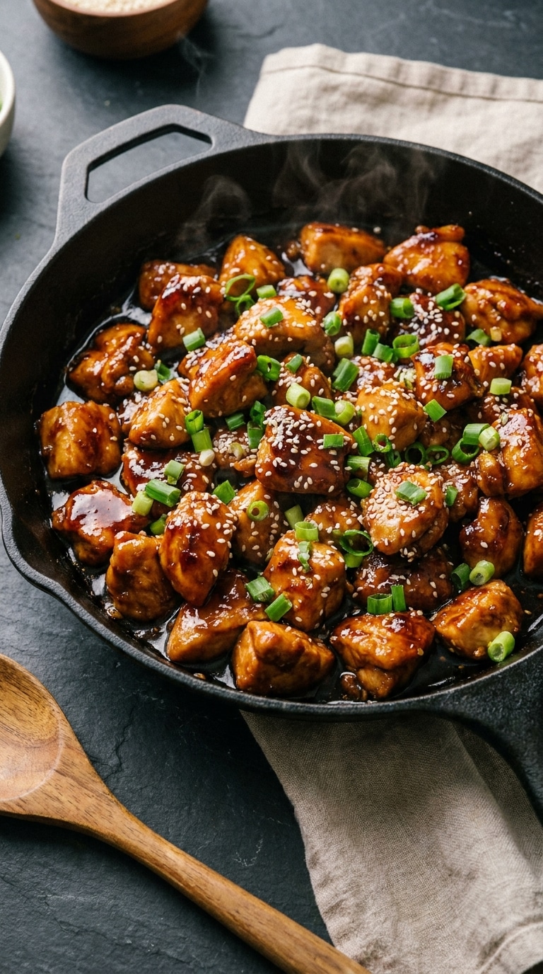 A top-down view of a cast iron skillet filled with sticky brown sugar garlic chicken chunks garnished with sesame seeds and green onions.
