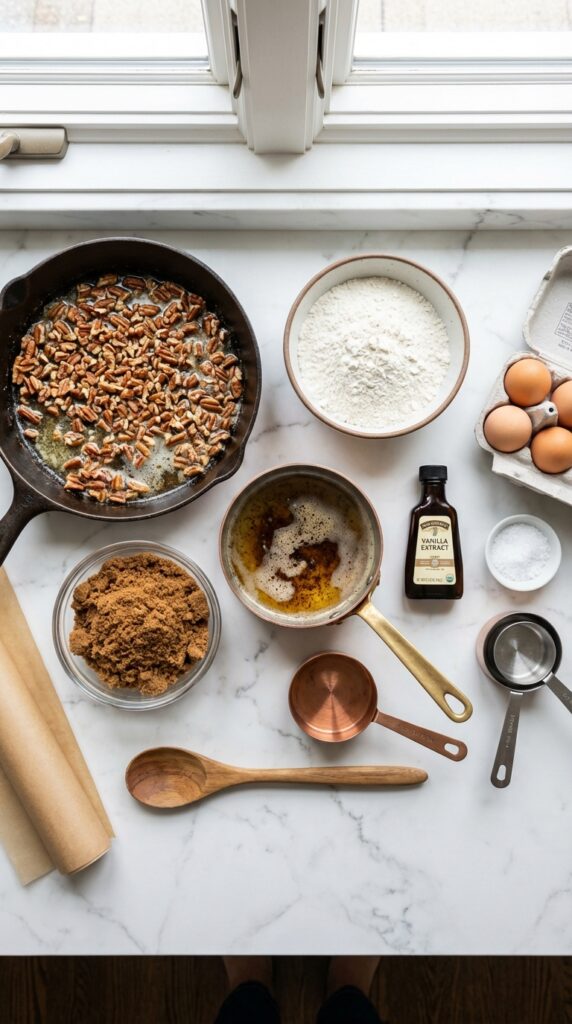 A flat lay showing toasted pecans, liquid brown butter, dark brown sugar, flour, eggs, and vanilla extract on a marble board.