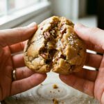 A close-up of hands breaking a soft butter pecan cookie in half, showing the chewy, pecan-filled center.