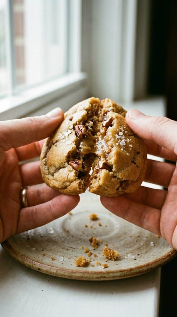 A close-up of hands breaking a soft butter pecan cookie in half, showing the chewy, pecan-filled center.