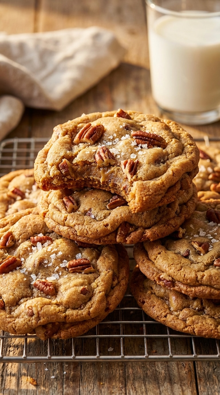 A stack of soft and chewy butter pecan cookies with flaky sea salt on a wire cooling rack.