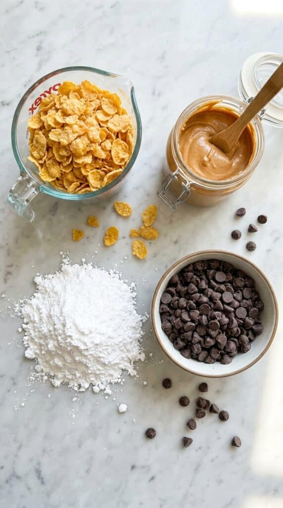 A flat lay showing cornflakes, creamy peanut butter, powdered sugar, and chocolate chips on a marble board.