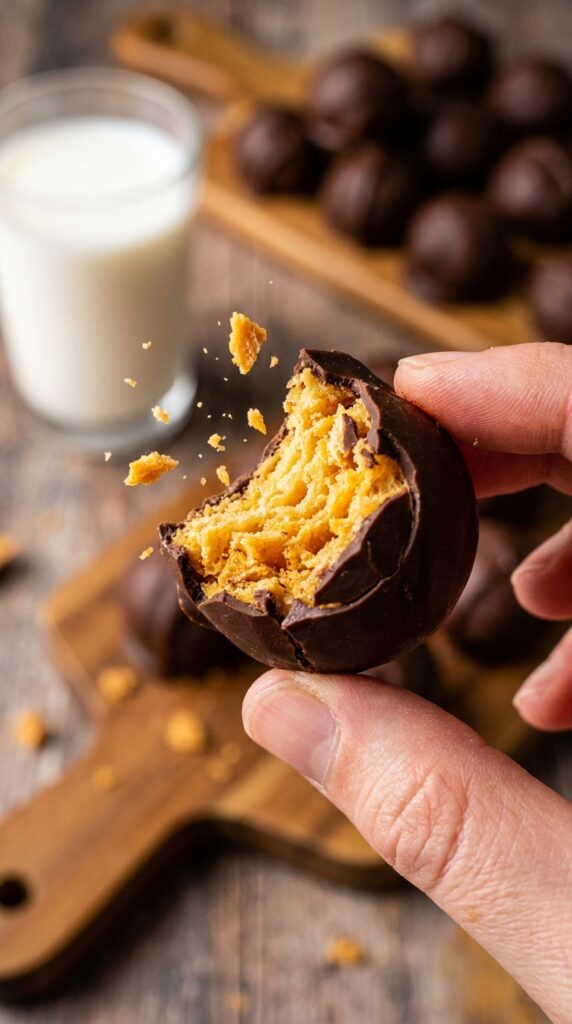 A close-up of a hand holding a chocolate peanut butter ball with a bite taken out, showing the crispy, flaky interior.