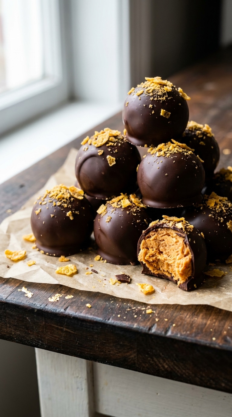 A stack of chocolate-covered peanut butter balls topped with crushed cereal, with one broken open to show the flaky Butterfinger-like center.
