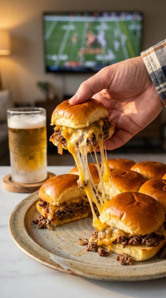 A close-up of a hand pulling a cheeseburger slider from a baked batch, creating a long, gooey cheese stretch.