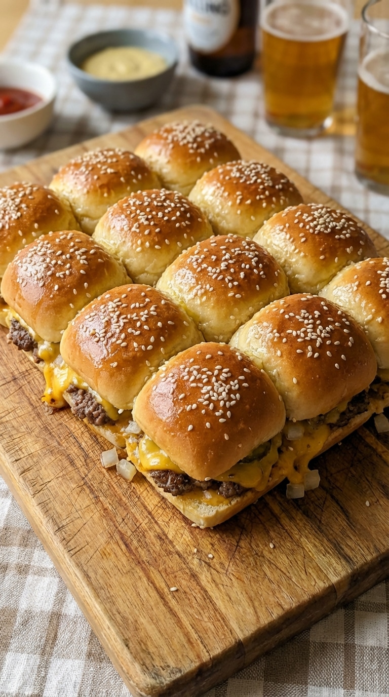 A batch of baked cheeseburger sliders on sweet Hawaiian rolls with melted cheese oozing out, sitting on a wooden board.