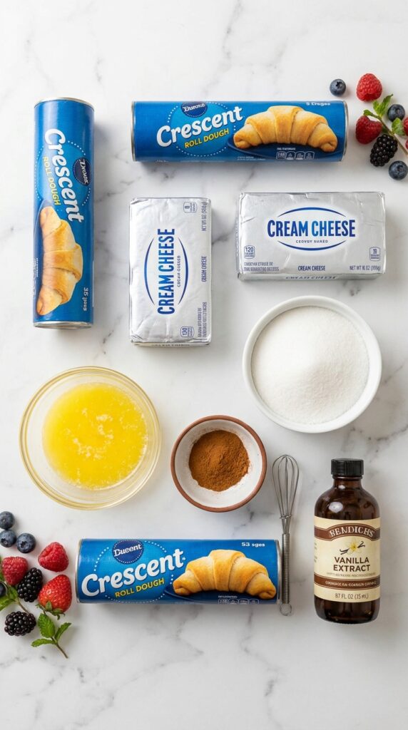 A flat lay showing tubes of crescent dough, cream cheese, sugar, melted butter, cinnamon, and vanilla on a white marble board.