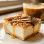 A close-up of a fork cutting into a flaky, cinnamon-topped cheesecake pastry bar, with a drip of honey.