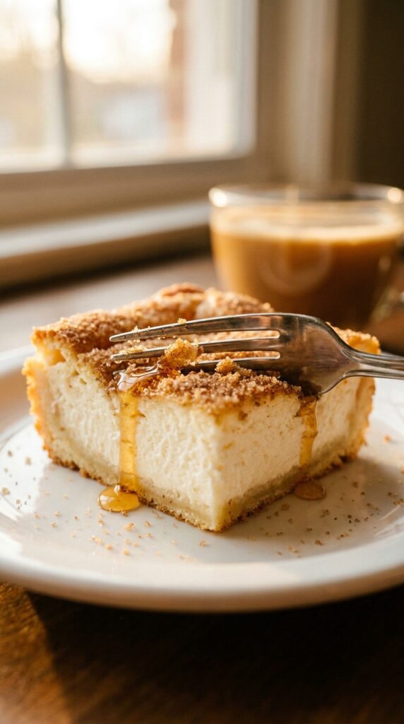 A close-up of a fork cutting into a flaky, cinnamon-topped cheesecake pastry bar, with a drip of honey.