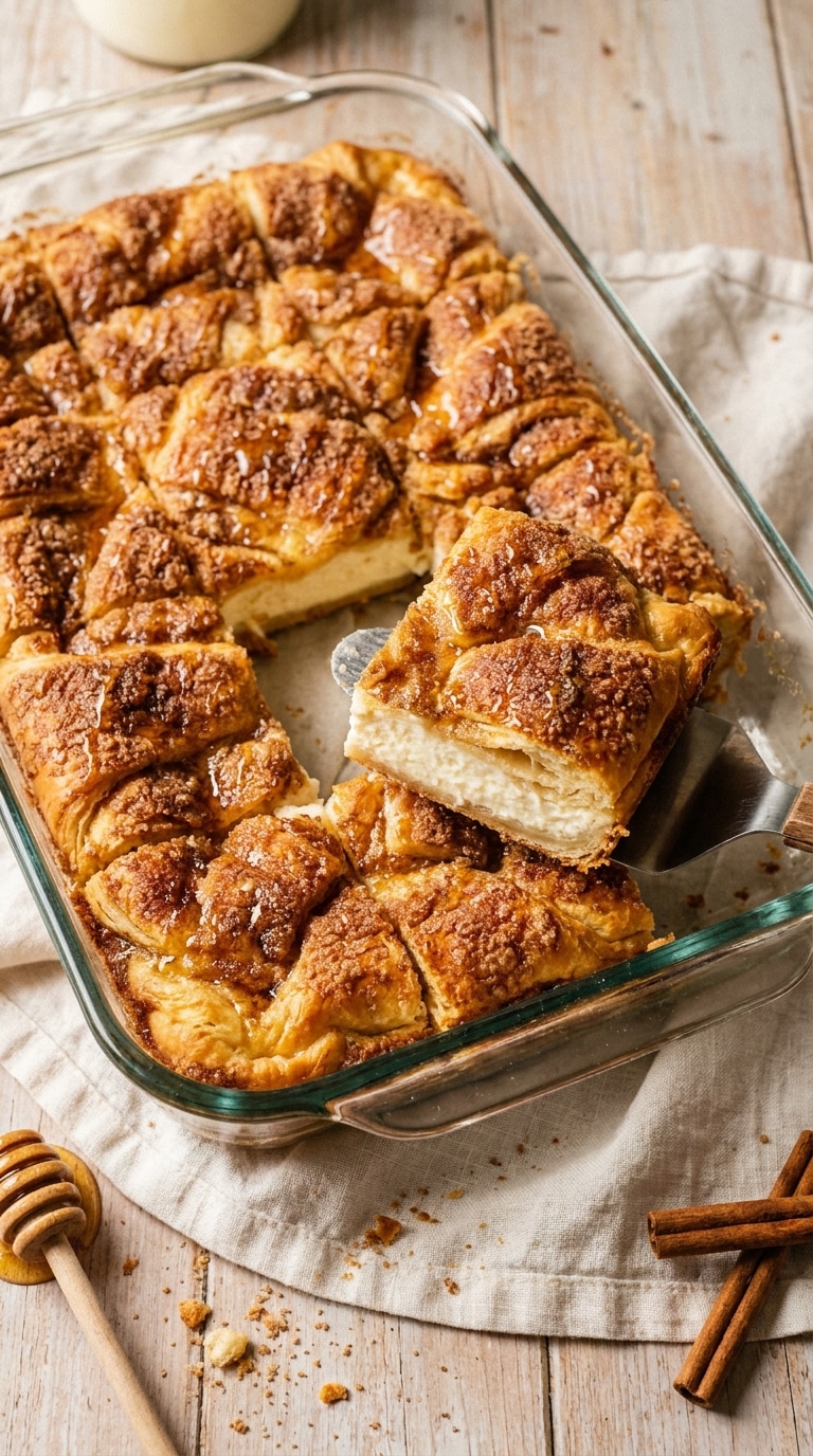A 9x13 baking dish filled with cinnamon sugar pastry squares layered with a thick cream cheese filling.