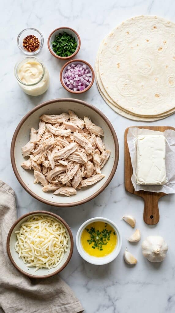 A flat lay showing shredded chicken, flour tortillas, cream cheese, shredded mozzarella, garlic cloves, and herb butter on a marble board.
