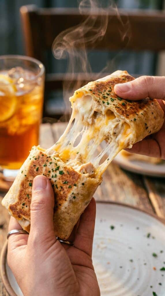 A close-up of hands pulling apart a crispy garlic chicken wrap, creating a gooey cheese stretch from the hot filling.