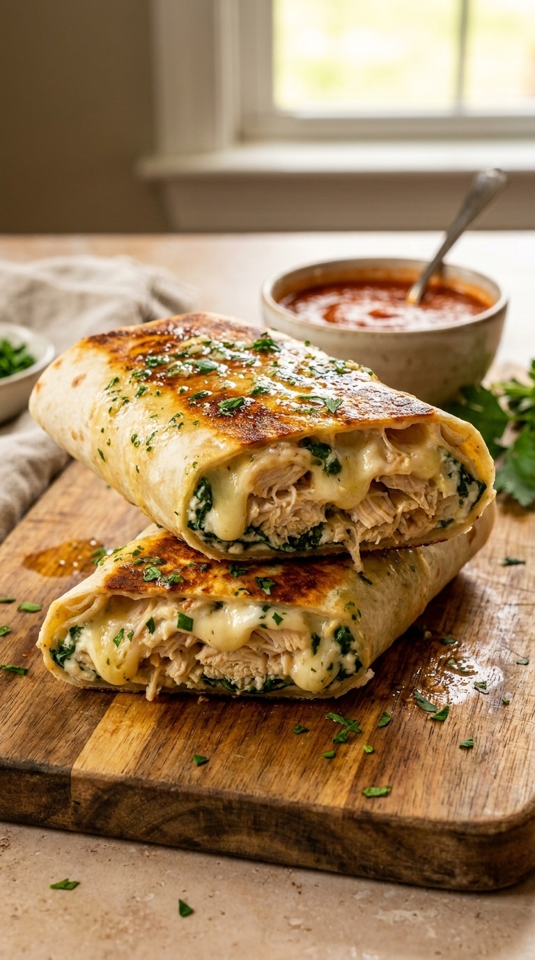 Sliced cheesy garlic chicken wraps stacked on a wooden board, showing a crispy golden crust and creamy chicken filling inside.
