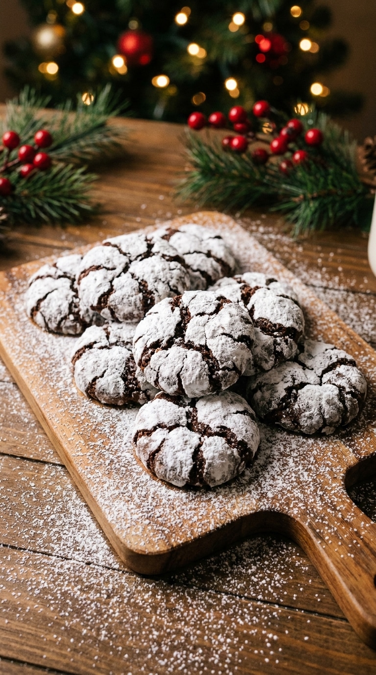A wooden board piled with thick chocolate cookies coated in cracked white powdered sugar, with Christmas lights in the background.