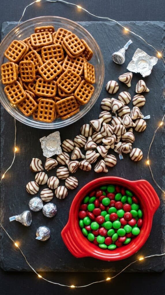 A flat lay showing a bowl of square pretzels, unwrapped striped chocolate hugs, and red and green M&Ms on a dark slate board.
