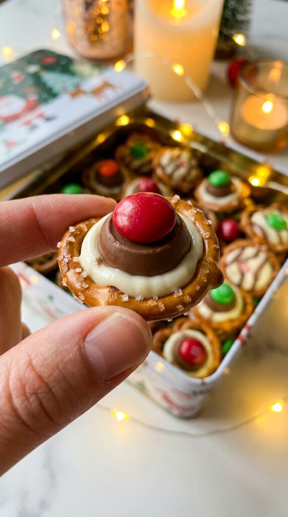 A close-up of a hand holding a single pretzel hug treat, showing the pretzel, melted chocolate, and red M&M layers.