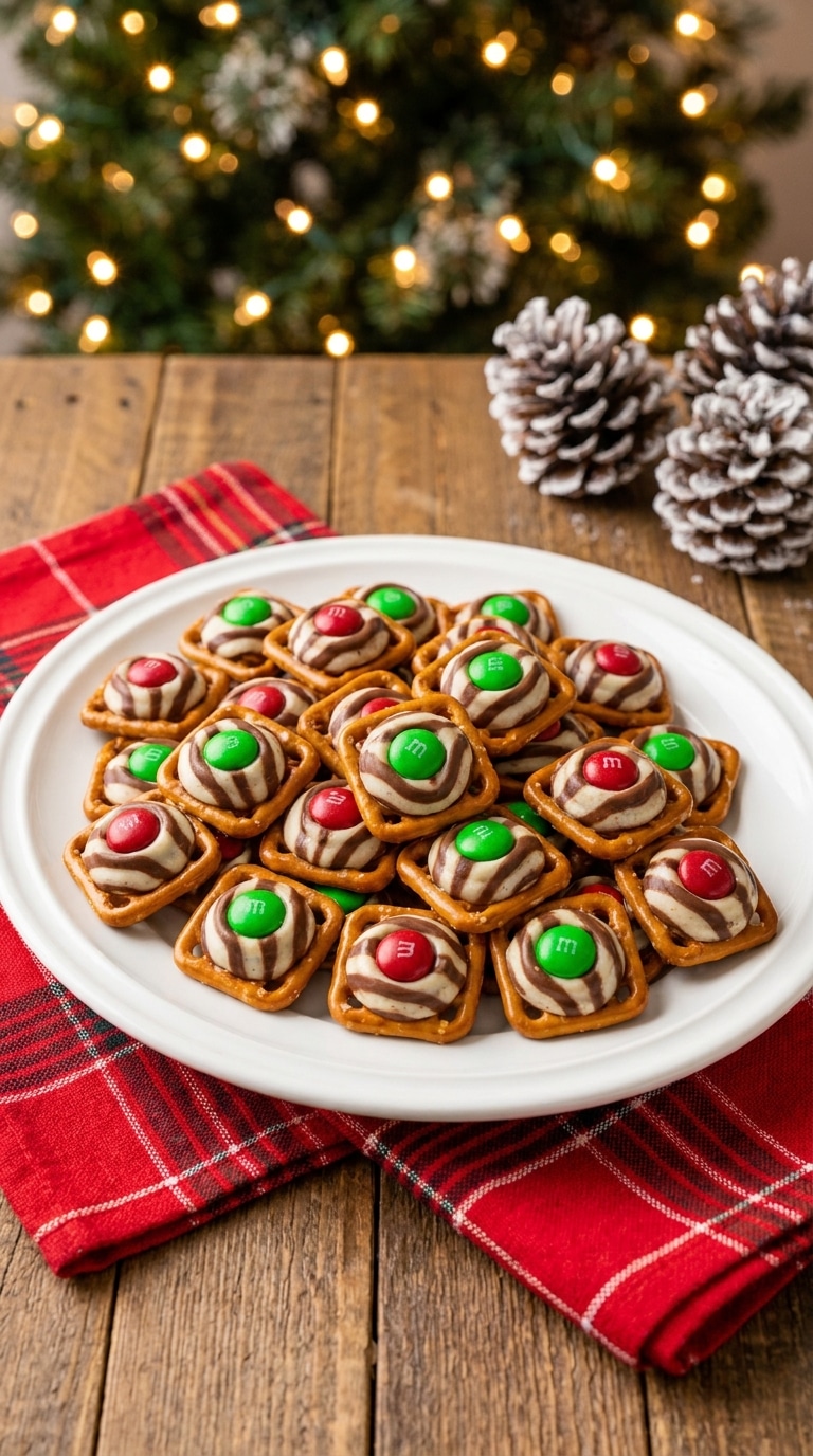 A white holiday platter filled with bite-sized treats made of pretzels, melted striped chocolate, and red and green M&Ms.
