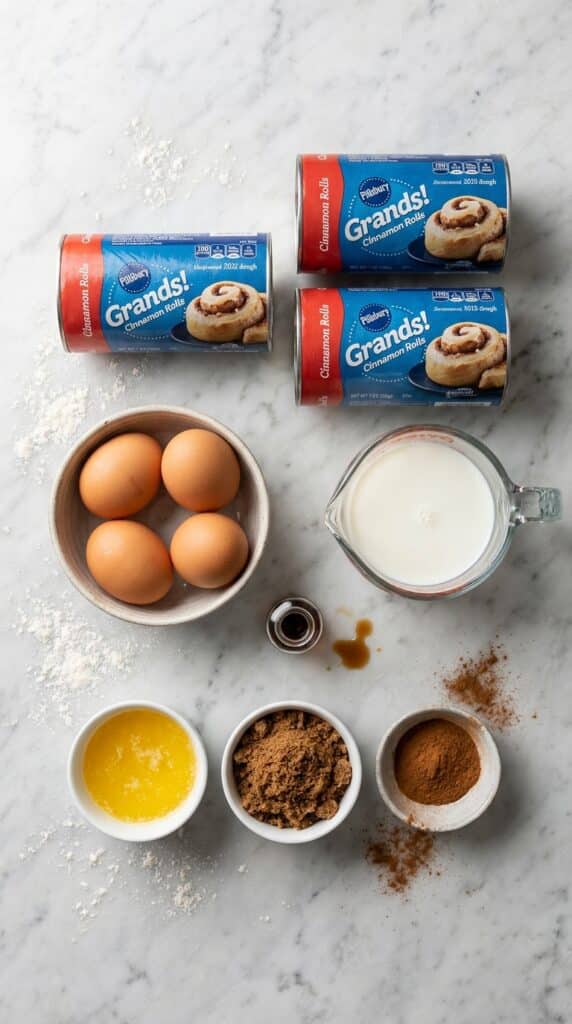 A flat lay showing refrigerated cinnamon roll cans, eggs, milk, vanilla, butter, brown sugar, and cinnamon on marble.