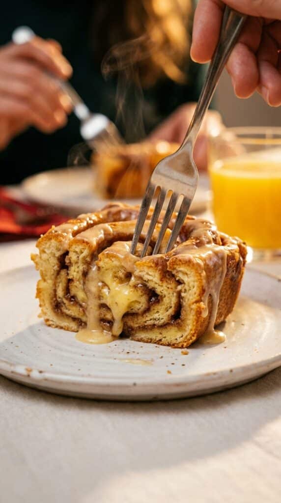 A close-up of a fork cutting into a fluffy square of baked cinnamon roll casserole, revealing the soft interior and the thick glaze dripping down the side.