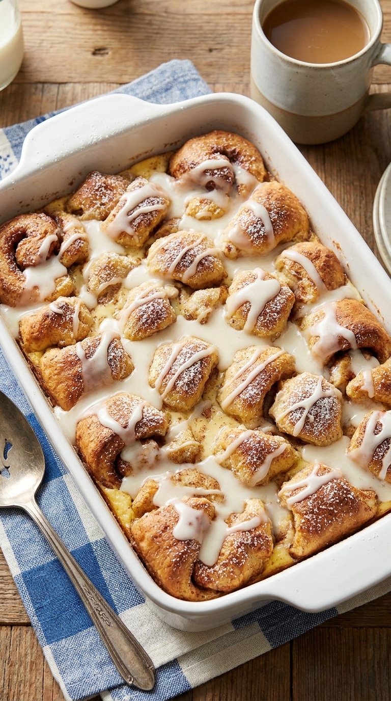 A golden-brown, baked cinnamon roll casserole in a white ceramic dish, heavily drizzled with white vanilla icing on a wooden table.