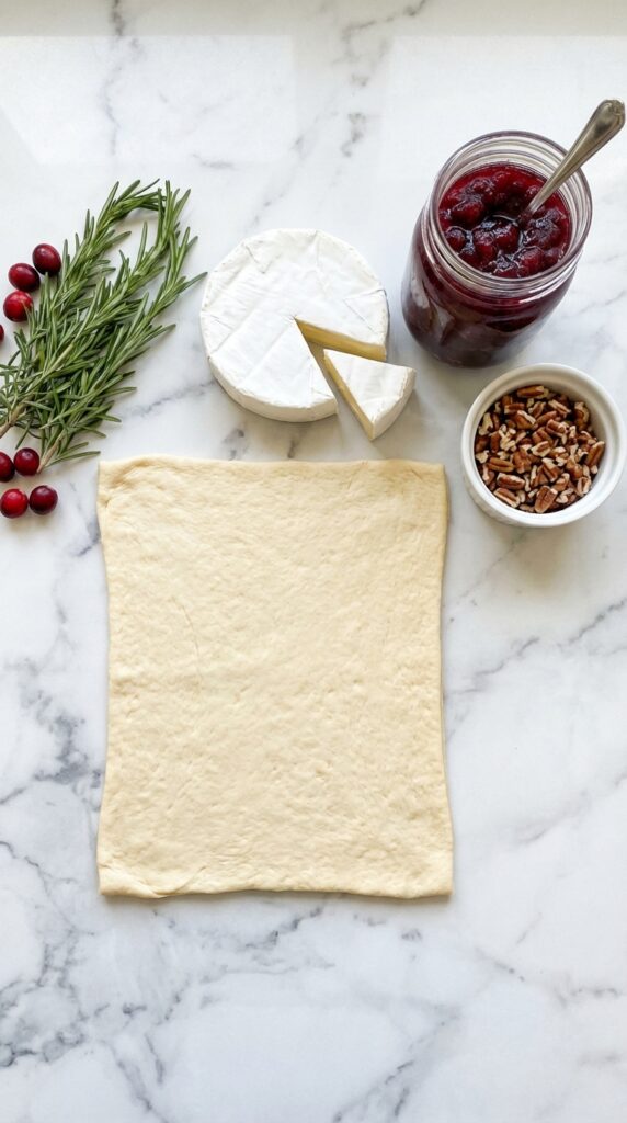 A flat lay showing a sheet of crescent dough, a wheel of brie cheese, cranberry sauce, pecans, and rosemary on a marble board.