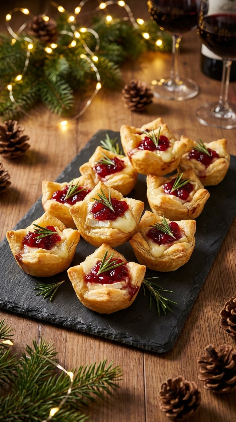 A dark slate serving board filled with baked pastry cups holding melted brie, cranberry sauce, and a sprig of rosemary.