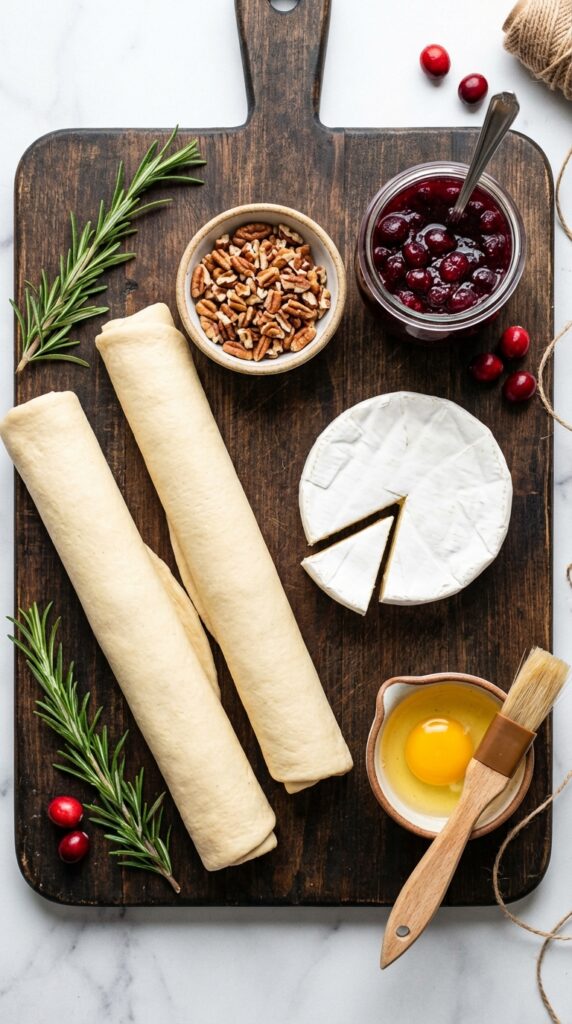 A flat lay showing crescent dough, a wheel of brie, cranberry sauce, pecans, an egg, and fresh rosemary on a wooden board.