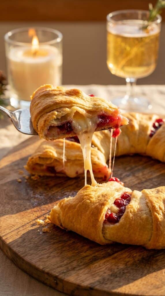 A close-up of a slice of cranberry brie crescent wreath being pulled away, creating a gooey cheese stretch, with festive decor in the background.