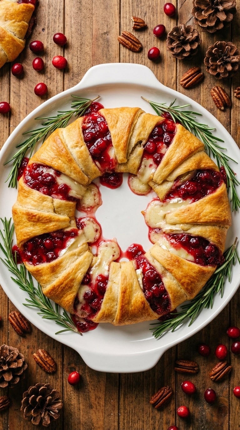 A golden-brown baked crescent dough wreath filled with melted brie and cranberry sauce, decorated with fresh rosemary on a wooden table.