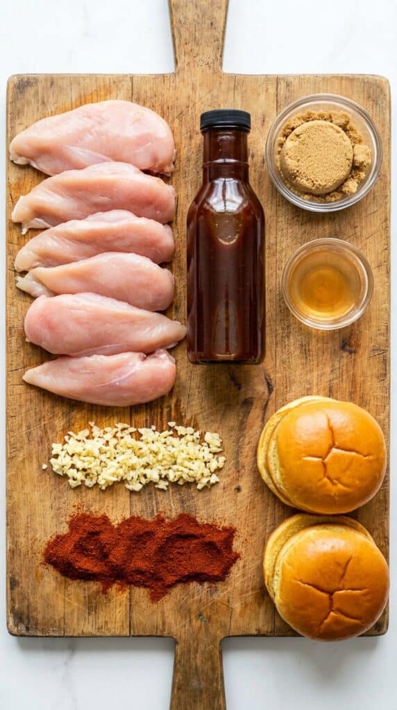 A flat lay showing raw chicken breasts, BBQ sauce, brown sugar, apple cider vinegar, spices, and brioche buns on a wooden board.