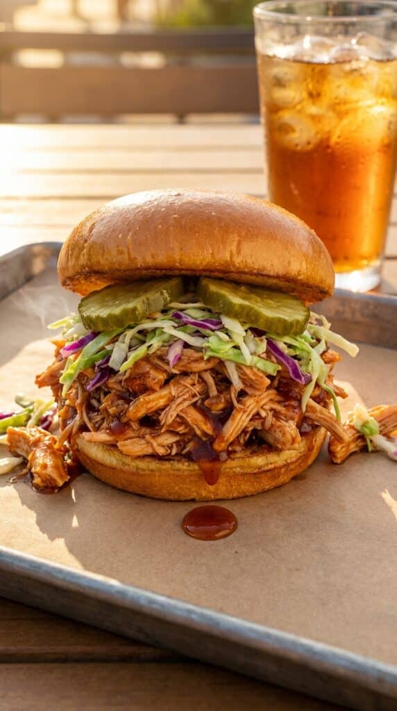 A close-up of a messy pulled BBQ chicken sandwich topped with coleslaw and pickles on a brioche bun.