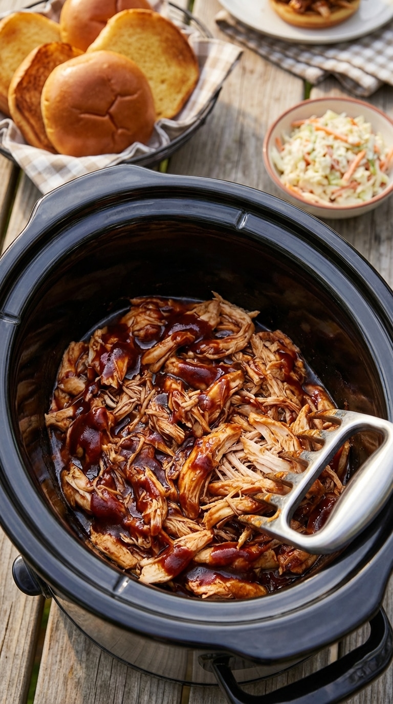A top-down view inside a slow cooker filled with saucy shredded BBQ chicken, with buns and coleslaw in the background.