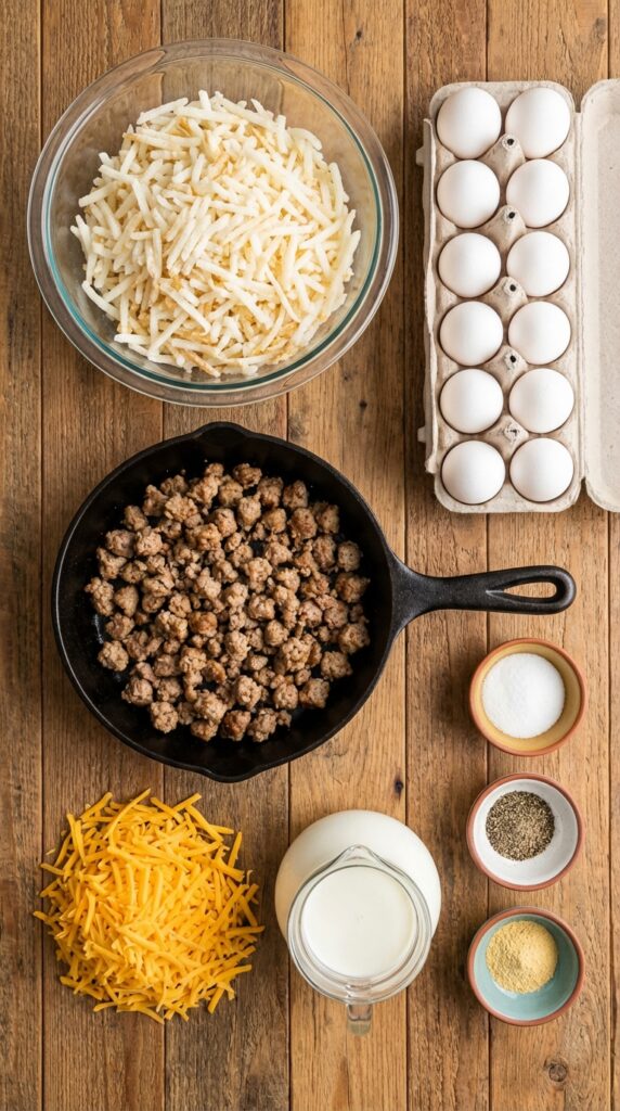 A flat lay showing frozen hash browns, a carton of eggs, cooked sausage, shredded cheddar cheese, milk, and spices on a wooden board.