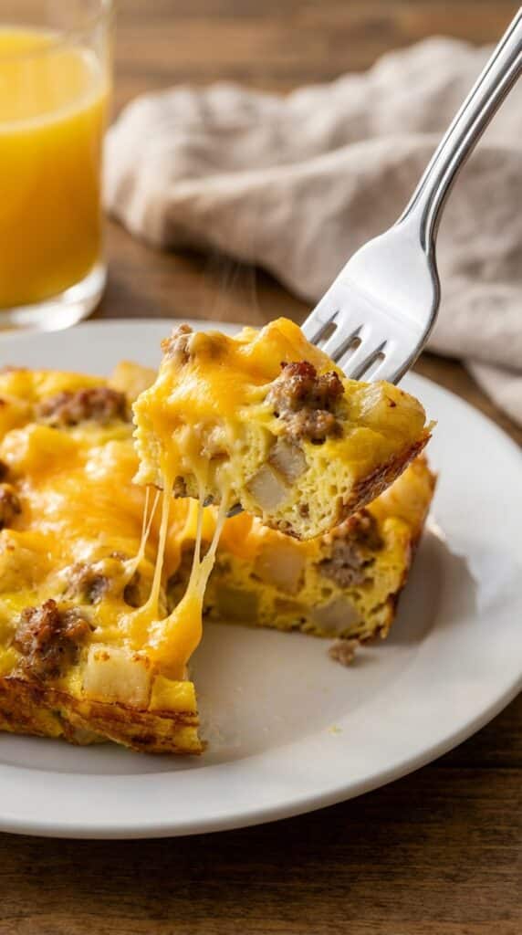 A close-up of a fork cutting into a thick slice of breakfast casserole, showing fluffy eggs, hash browns, sausage, and a gooey cheese pull.