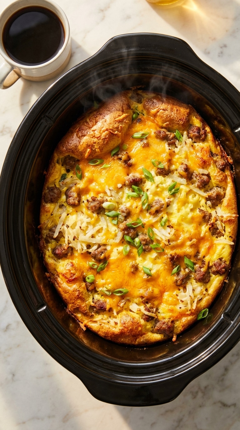 A top-down view into a slow cooker filled with a baked breakfast casserole topped with melted cheddar cheese, sausage, and green onions.