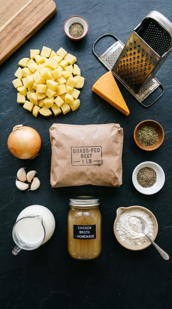 An organized flat lay showing raw ground beef, diced potatoes, cheddar cheese with a grater, a yellow onion, garlic cloves, milk, and chicken broth on a dark slate board.