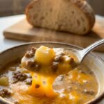 A macro close-up of a silver soup spoon lifting a chunk of tender potato and ground beef heavily coated in a thick, cheesy broth, with crusty bread resting in the blurred background.