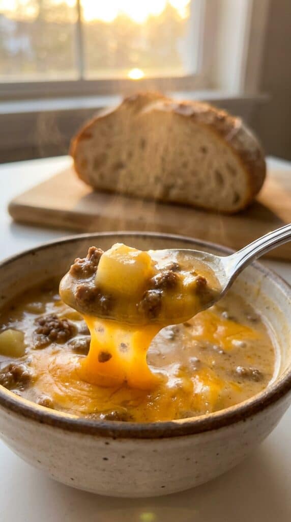 A macro close-up of a silver soup spoon lifting a chunk of tender potato and ground beef heavily coated in a thick, cheesy broth, with crusty bread resting in the blurred background.