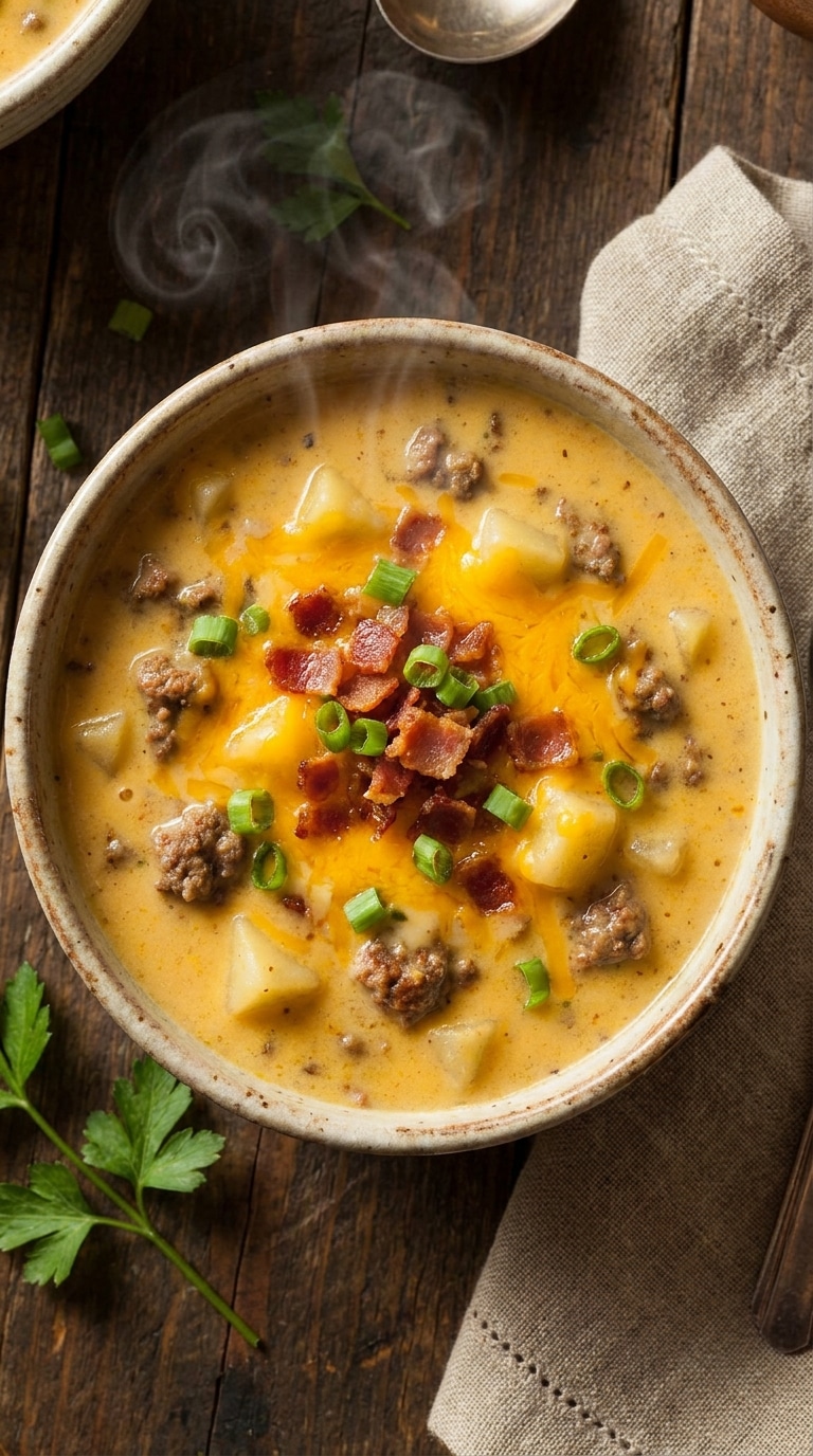 A close-up top-down view of a rustic ceramic bowl filled with thick, creamy potato and ground beef soup, generously topped with melted cheddar cheese, crispy bacon, and fresh green onions.