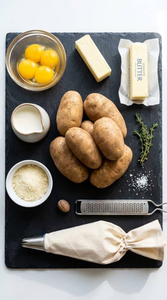 A flat lay showing Russet potatoes, egg yolks, butter, heavy cream, parmesan, nutmeg, and a piping bag with a star tip on a dark board.