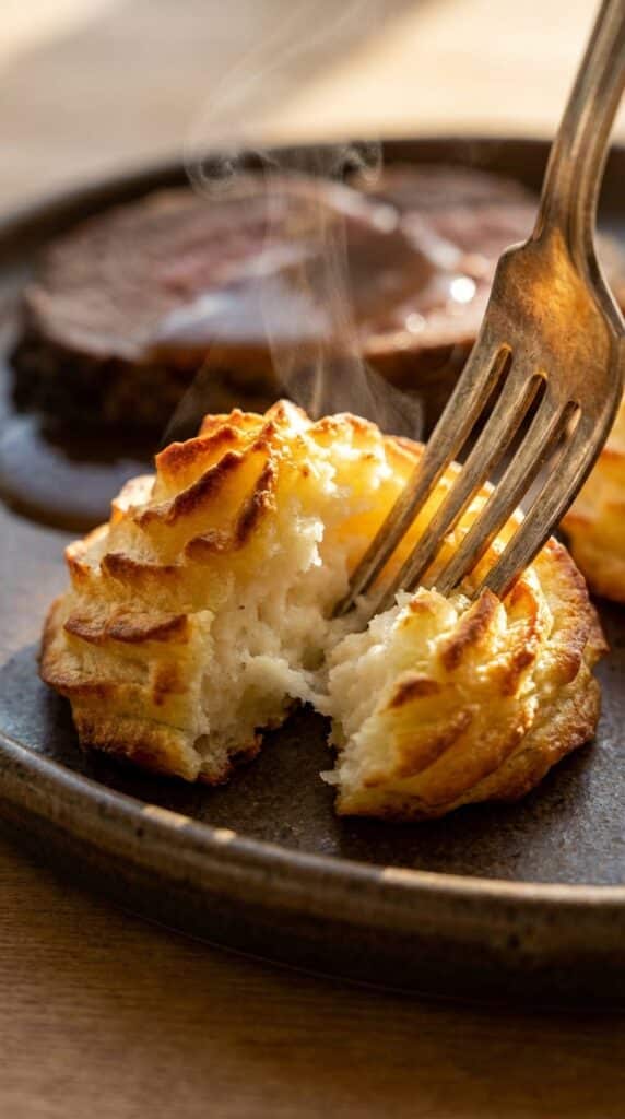 A close-up of a fork cutting into a crispy baked Duchess Potato, showing the fluffy mashed potato interior, with a roast in the background.