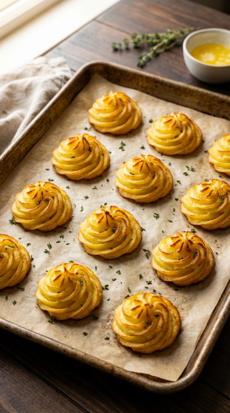 A parchment-lined baking sheet filled with golden-brown baked mashed potato rosettes garnished with fresh thyme.