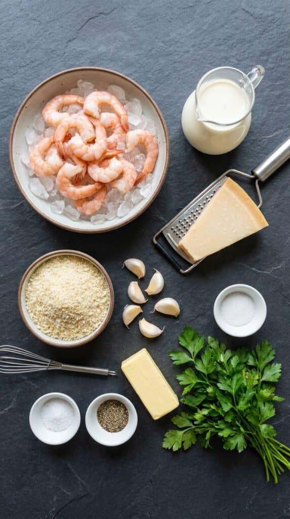 A flat lay showing raw pink shrimp, heavy cream, parmesan cheese wedge, Panko breadcrumbs, garlic, butter, and parsley on a dark slate board.