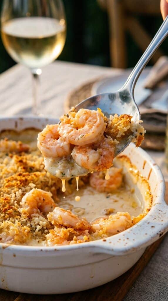A close-up of a serving spoon lifting creamy garlic shrimp and a crispy golden breadcrumb topping out of a baking dish.